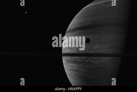 Planet Saturn zusammen mit seinen Mond Rhea, Nahaufnahme 3D-Rendering Stockfoto