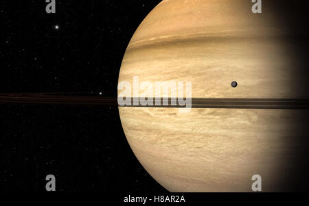 Planet Saturn zusammen mit seinen Mond Rhea, Nahaufnahme 3D-Rendering Stockfoto