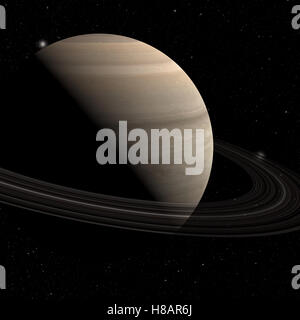 Planet Saturn zusammen mit seinen Mond Rhea, Nahaufnahme 3D-Rendering Stockfoto