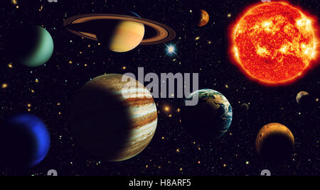 Die Sonne und acht Planeten unseres Systems im Orbit Stockfoto