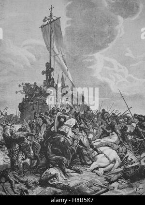 Der Schlacht bei Legnano. Die Schlacht von Legnano wurde am 29 Mai 1176 zwischen den Kräften des Heiligen Römischen Reiches, unter der Leitung von Kaiser Frederick Barbarossa und der Lega gekämpft. Die kaiserliche Armee erlitt eine schwere Niederlage, Holzschnitt aus dem Jahre 1892 Stockfoto