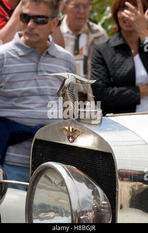 Deutschland, Teilnehmer einer Oldtimer-Rallye, die Kühlerfigur eines Hisoano Suiza Modell H6 von 1921, ein fliegender Storch. Stockfoto