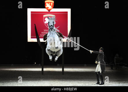 Pferde und Reiter führen in ein Foto-Shooting vor der spanischen Riding School Wien 450. Jahrestag UK die beginnt am Freitag am SEE Arena, Wembley, London. Stockfoto