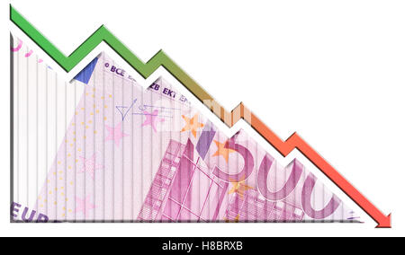 Einen Geldschein, das wie eine abnehmende Graph mit einem nach unten zeigenden Pfeil symbolisiert wirtschaftlichen Beziehungen. Stockfoto