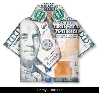 Ein kleiner Geschäftsmann mit Hemd und Krawatte aus indische Rupie Rechnungen gemacht. Stockfoto