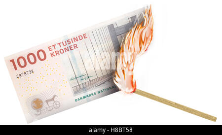 Eine Banknote wird von einer Übereinstimmung mit dem Brennen in einer großen Flamme verbrannte. Stockfoto