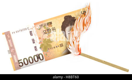 Eine Banknote wird von einer Übereinstimmung mit dem Brennen in einer großen Flamme verbrannte. Stockfoto