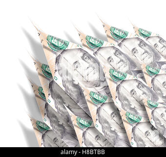 Papierflieger aus Geldscheinen, die Onedirectional in den Himmel fliegen gemacht Stockfoto