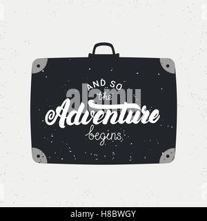 Und so beginnt das Abenteuer Karte. Handgeschriebenen Schriftzug mit Vintage Koffer. Reise-Karte. Grunge Texturen. Vektor-illustration Stock Vektor