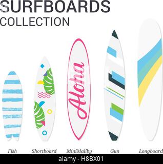 Surfbretter Arten Silhouetten. Infografik-Surfbretter. Moderne bunte Surfbrett auf weißem Hintergrund gesetzt. Surfbretter entwerfen. Surf Stock Vektor