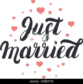 Frisch verheiratete Hand Schriftzug mit Herzen Hintergrund für Hochzeitskarten und Einladung. Vektor-Illustration. Stock Vektor