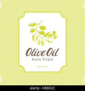 Olivenöl extra vergine Marke Flasche oder Label mit Oliven Branche. Olivenöl-Logo auf nahtlose Muster. Vektor-Illustration. Stock Vektor
