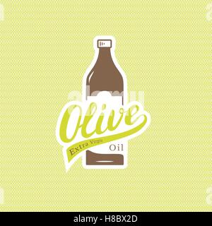 Olivenöl Lettring Schriftzug mit Flasche auf nahtlose Muster. Vektor-Illustration. Stock Vektor