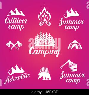 Satz von outdoor-Abenteuer-Abzeichen und camping Logo Embleme. Wildnis- und Exploration Vintage Logos, Embleme, Silhouetten Stock Vektor