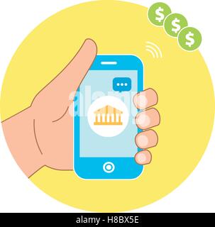 Mobile-Payment Bank, Hand mit Telefon. Nachricht von der Bank. Flache Vektor-Illustration. Stock Vektor