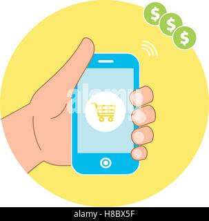 Online-shopping Konzept mit Hand Smartphone und e-Commerce Warenkorb Symbole. Flache Vektor-Illustration. Stock Vektor
