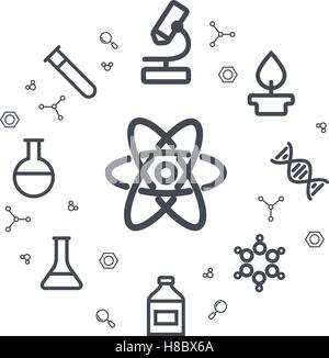 Wissenschaft-Linie Symbole. Chemische Symbole. Kreis-Hintergrund. Minimale Ikonen des Moleküls, Rohr, Kolben, Benzol und andere chemische elemen Stock Vektor