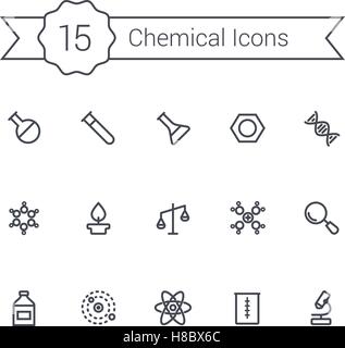 Wissenschaft-Linie-Icon-Set. Chemische Symbole des Moleküls, Rohr, Kolben, Benzol und anderen chemischen Elementen. Stock Vektor