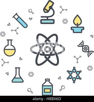 Wissenschaft-Linie flach Symbole. Chemische Symbole. Kreis-Hintergrund. Minimale Ikonen des Moleküls, Rohr, Kolben, Benzol und andere chemische e Stock Vektor