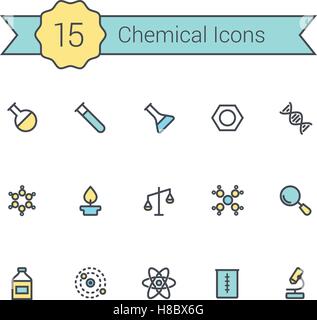 Wissenschaft-Linie-Icon-Set. Chemische Symbole des Moleküls, Rohr, Kolben, Benzol, Lupe, Mikroskop und anderen chemischen Elements Stock Vektor