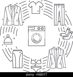 Chemische Reinigung und Wäscherei Vektorobjekte. Linie-Symbol-Darstellung. Einzigartige Vektor-Konzept mit verschiedenen Kleidung Elemente: Waschmaschine, Stock Vektor