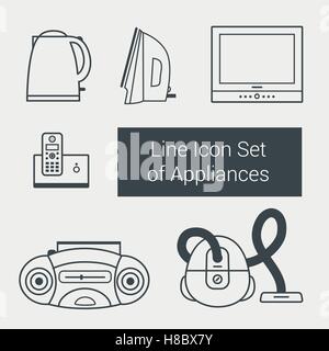 Line-Icon-Set von Haushaltsgeräten: Wasserkocher, Bügeleisen, Staubsauger, Telefon, TV, Kassettenrecorder Stock Vektor