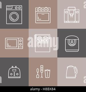 Satz von neun Haushaltsgeräte-Vektor-Icons: Herd, Waschmaschine, Mixer, Toaster, Mikrowelle, Wasserkocher, Kaffeemaschine, Geschirrspüler Stock Vektor
