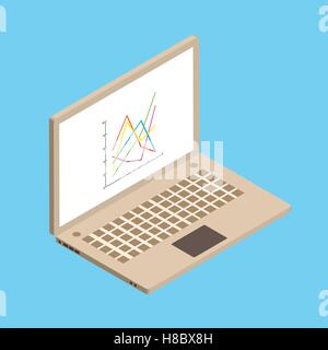 Isometrische Darstellung Witn Laptop und Line-Chart auf blauem Hintergrund Stock Vektor