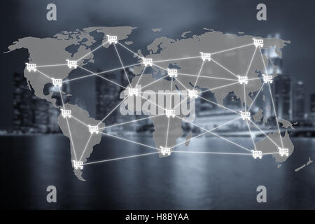 E-Commerce-Geschäft und globales Netzwerkverbindung und Warenkorb Anmelden mit Einkaufszentrum im Hintergrund. E-Commerce-Business Netzwerk co Stockfoto