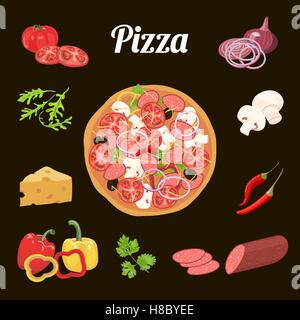 Pizza und Zutaten. Gemüse, Salami, Käse-Kräuter-Vektor-illustration Stock Vektor