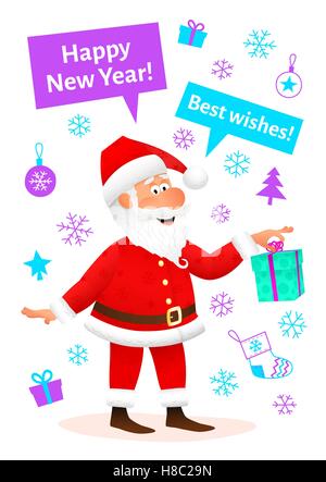 Silvester Feier Karte. Flache lustige Greis Charakter Holding Geschenk auf Neujahr Hintergrund. Urlaub-Banner oder Poster-Vorlage. Stock Vektor