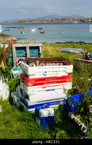 Iona, Schottland - Baile Mhor, das Dorf. Fischerei-Boxen. Stockfoto