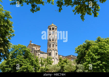 Baum-gerahmte Fenestrelle Turm und Kathedrale von Saint Théodorit, Uzès Gard, Frankreich Stockfoto