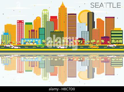 Abstrakte Seattle Skyline mit Farbe Gebäuden und Reflexionen. Vektor-Illustration. Geschäftsreisen und Tourismus-Konzept Stock Vektor