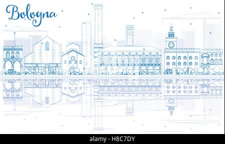 Umriss Bologna Skyline mit blauen Wahrzeichen und Reflexionen. Vektor-Illustration. Geschäftsreisen und Tourismus-Konzept Stock Vektor