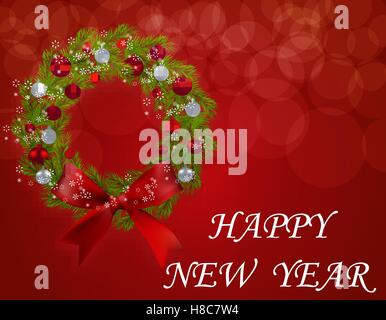 Adventskranz auf einer Postkarte. Grüner Zweig der Tanne mit roten und silbernen Kugeln auf rotem Grund. Frohes neues Jahr. Abbildung Stock Vektor