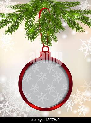 Card Red Ball mit Bogen und Platz für eine Inschrift Weihnachten Hintergrund. Hängen an einem Ast unter die Schneeflocken. Weihnachtsbaum-Spielzeug. Abbildung Stock Vektor