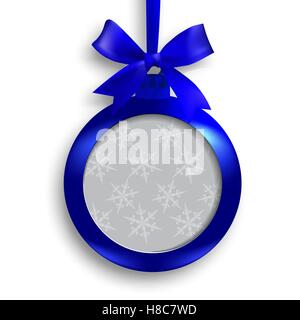 Blue Card Medaillon mit Schleife und Platz für eine Inschrift auf einem weißen Hintergrund mit Schatten. Hängen an einem Band. Weihnachtsbaum-Spielzeug. Abbildung Stock Vektor