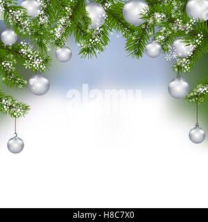 Weihnachtskarte. Grünen Tannenzweigen mit silbernen Kugeln im realen Hintergrund. Weihnachtsschmuck. Abbildung Stock Vektor