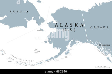 Alaska politische Karte mit Hauptstadt Juneau. US-Bundesstaat im Nordwesten Amerikas mit internationalen Grenzen und Nachbarn. Stockfoto