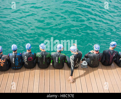 Triathlon-Schwimmstart. Triathleten in Wetsuits zu Beginn des Rennens Stockfoto