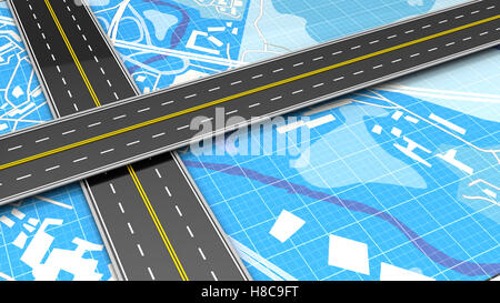 3D Darstellung der gekreuzten Straßen über blue-Map-Hintergrund Stockfoto