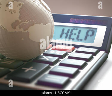 Rechner mit dem Wort "Hilfe" auf dem Display, weltweite Finanzkrise darstellt. 3D Illustration, Konzept-Bild der globalen Worl Stockfoto