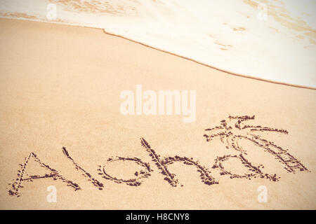 Aloha geschriebene Text auf Sand mit Palme Stockfoto