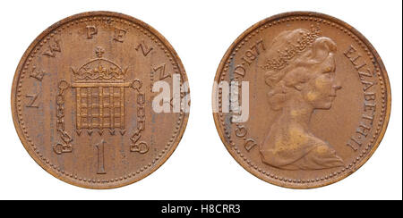 1 Cent Münze in Großbritannien verwendet. Stockfoto