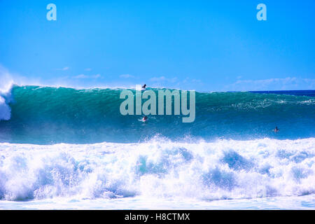 & Bodyboarder Surfer auf Hawaii Banzai Pipeline auf diesem Oktober Tag Wellen waren 15-20 Fuß. Stockfoto