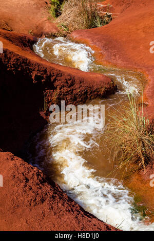 Ein kleiner Wasserfall Graben durch rote Erde in der Waimea Canyon auf Kauai, Hawaii, USA. Stockfoto