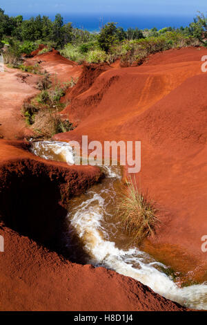 Ein kleiner Wasserfall Graben durch rote Erde in der Waimea Canyon auf Kauai, Hawaii, USA. Stockfoto