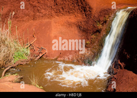 Ein kleiner Wasserfall Graben durch rote Erde in der Waimea Canyon auf Kauai, Hawaii, USA. Stockfoto