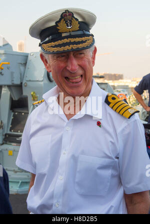 Der Prinz von Wales auf HMS Middleton wie er Mina Salman Naval Base besucht, wo er die Wohlfahrt Block eröffnet und traf UK, Commonwealth und kombiniert maritimen Kräfte, die bei einem Besuch in das Land im Rahmen seiner Tour im Nahen Osten in Bahrain dienen. PRESS ASSOCIATION Foto, Foto Datum: Donnerstag, 10. November 2016. Vgl. PA Geschichte ROYAL Tour. Bildnachweis sollte lauten: Arthur Edwards/The Sonne/PA Wire Stockfoto